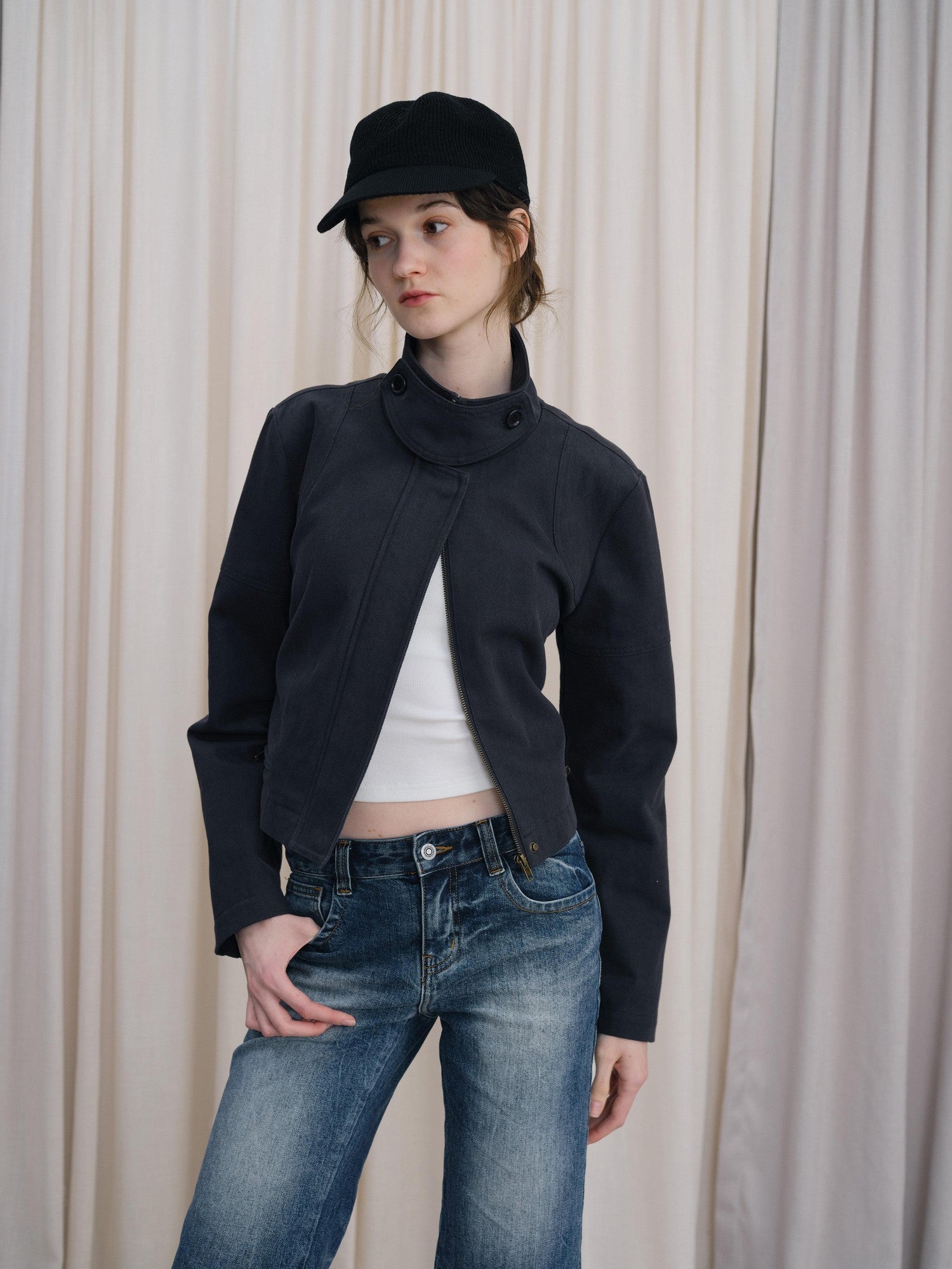 DKZ OFFICIAL Blue Cropped Vintage Adjustable Waist Straight Cotton Blend Women&