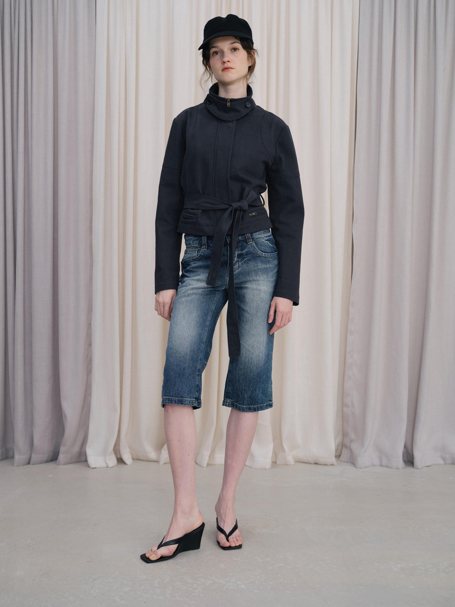 DKZ OFFICIAL Blue Cropped Vintage Adjustable Waist Straight Cotton Blend Women&