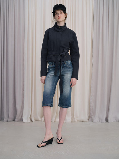 DKZ OFFICIAL Blue Cropped Vintage Adjustable Waist Straight Cotton Blend Women&