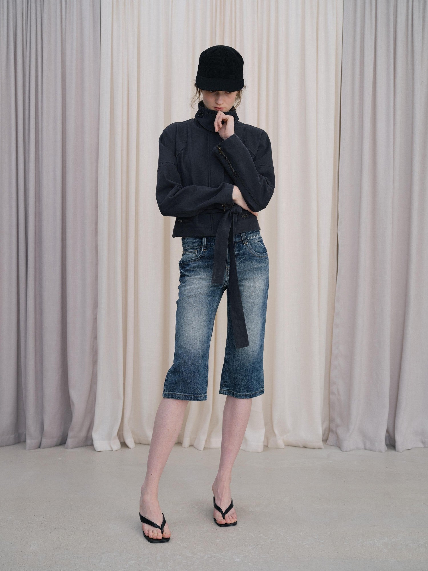 DKZ OFFICIAL Blue Cropped Vintage Adjustable Waist Straight Cotton Blend Women&