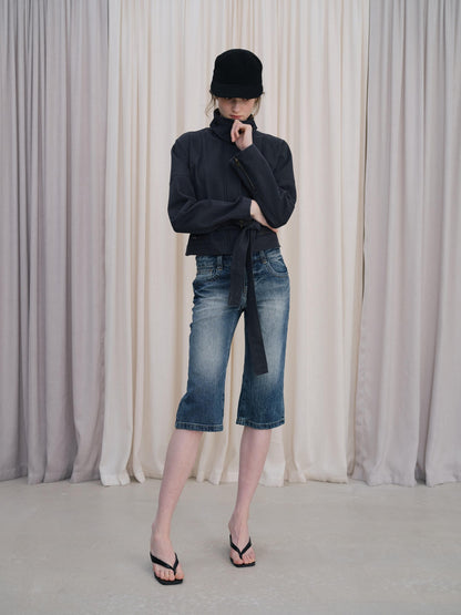 DKZ OFFICIAL Blue Cropped Vintage Adjustable Waist Straight Cotton Blend Women&