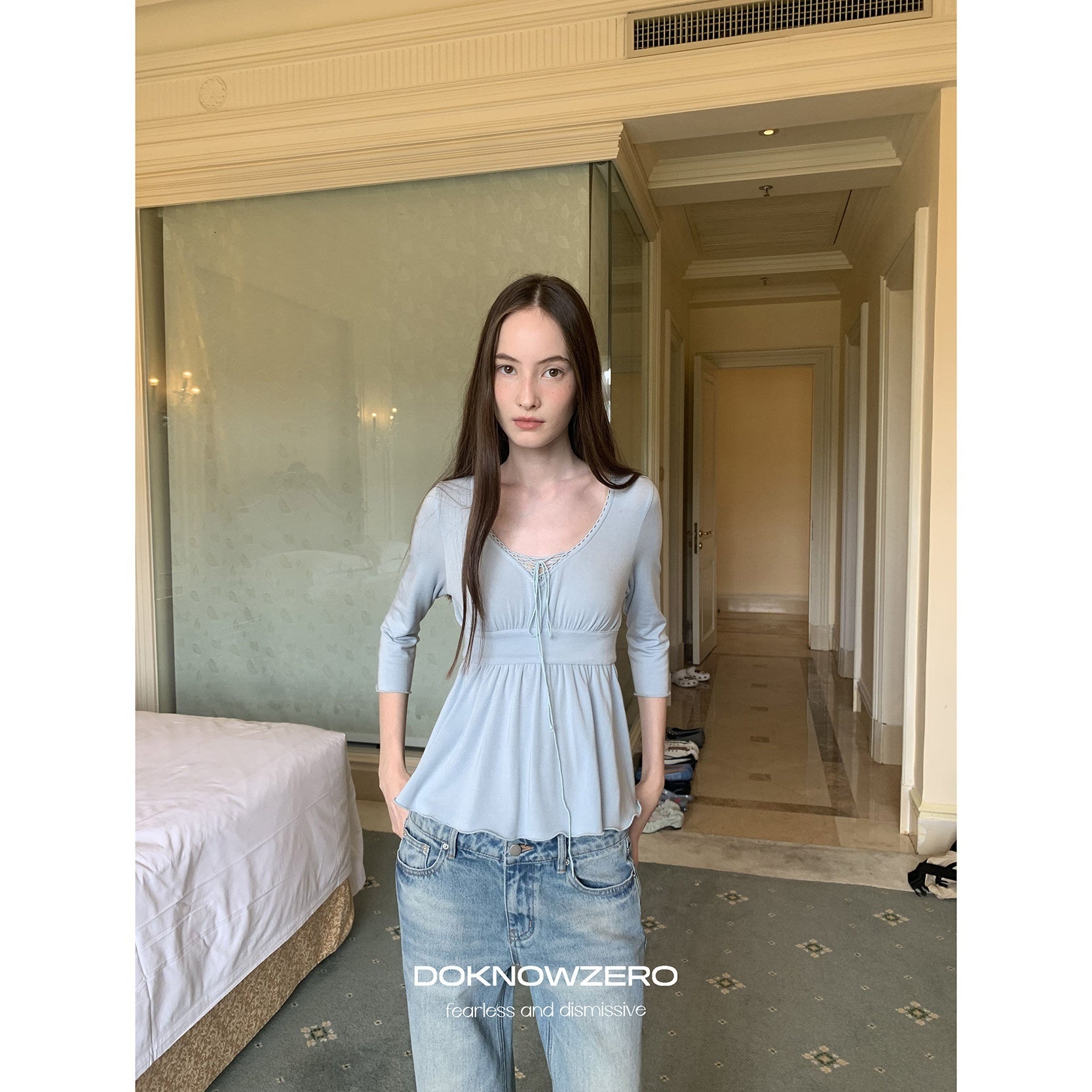 DKZ_OFFICIAL_Blue_Drawstring_Ruched_V-neck_Women&
