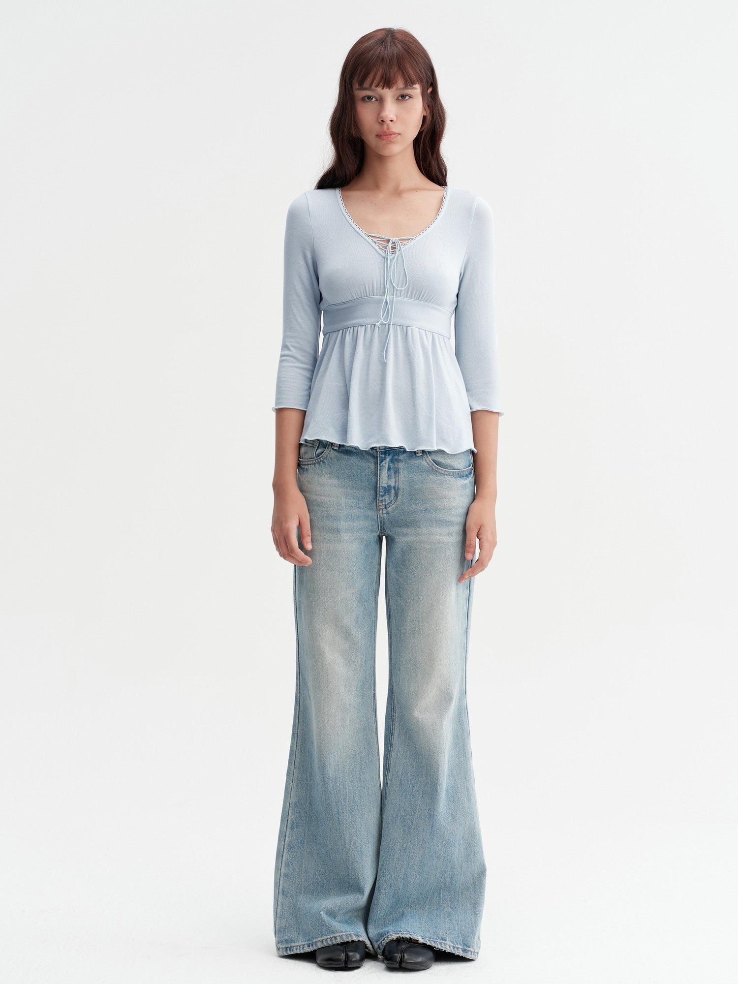 DKZ OFFICIAL Blue Drawstring Ruched V-neck Women&