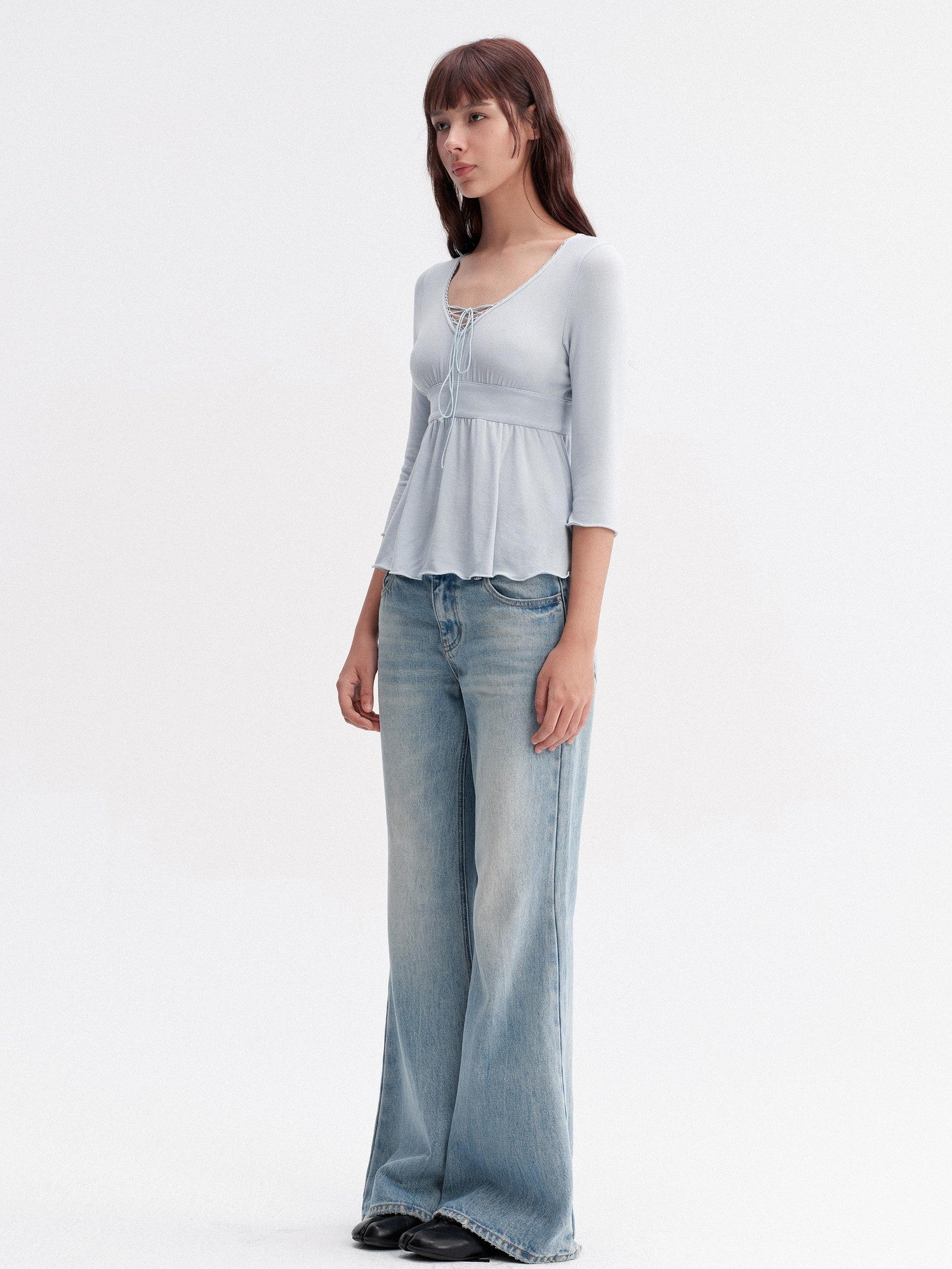 DKZ OFFICIAL Blue Drawstring Ruched V-neck Women&