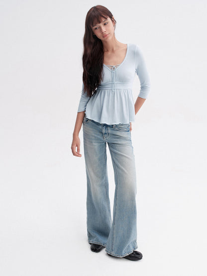 DKZ OFFICIAL Blue Drawstring Ruched V-neck Women&