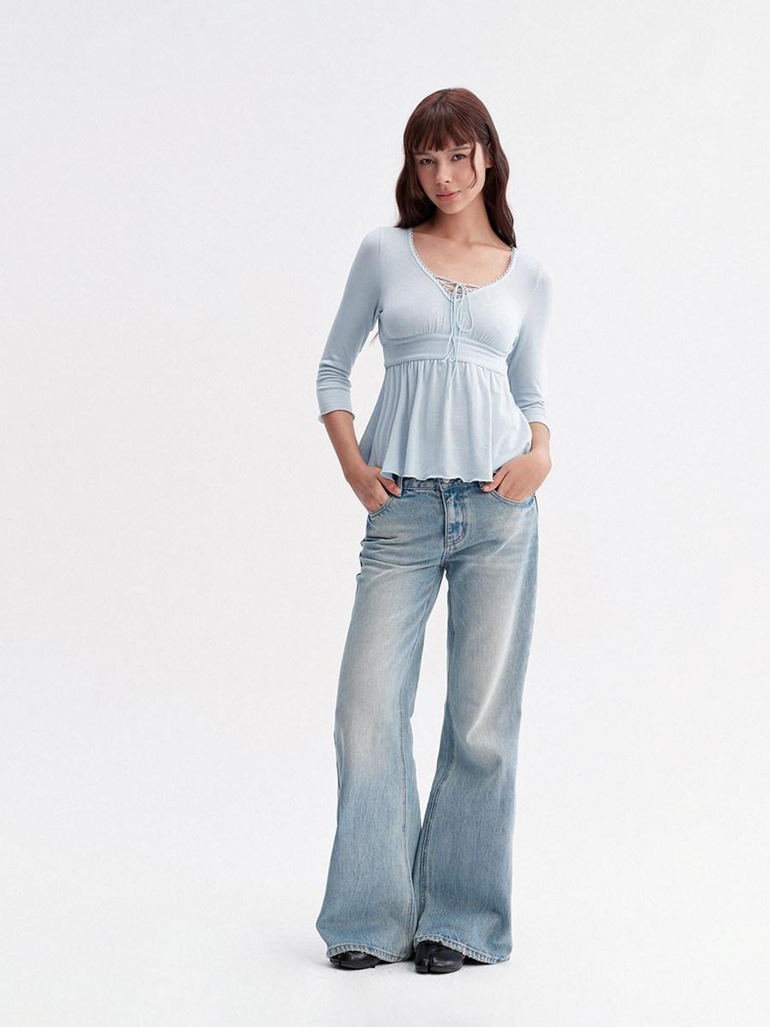 DKZ OFFICIAL Blue Drawstring Ruched V-neck Women&