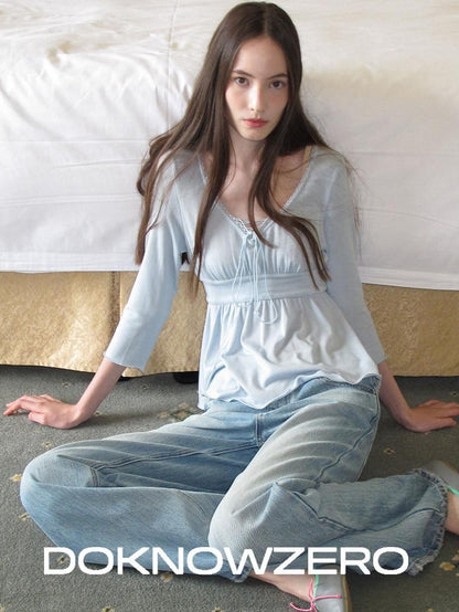 DKZ OFFICIAL Blue Drawstring Ruched V-neck Women&