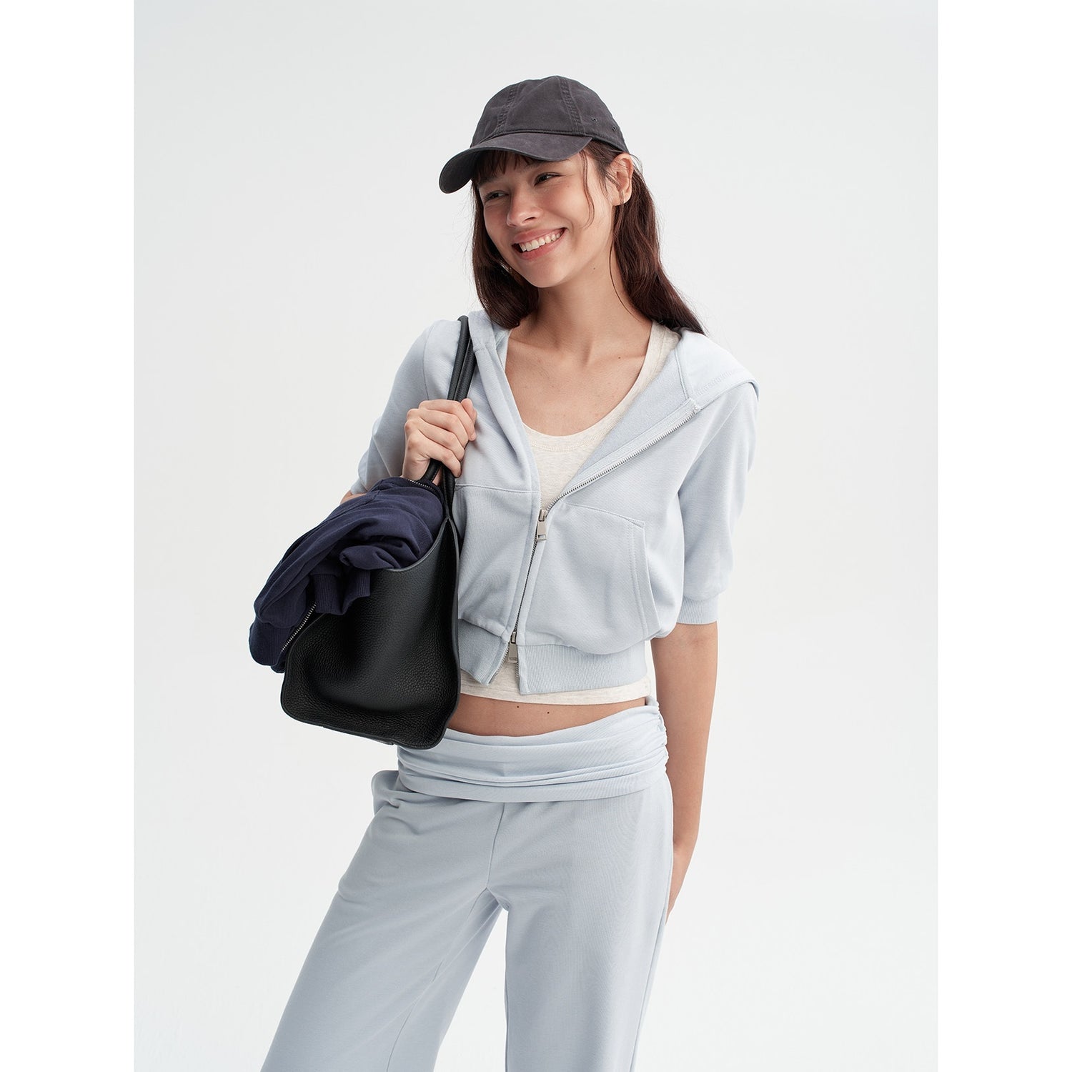 DKZ_OFFICIAL_Blue_Hooded_Zip_Cropped_Mid_Sleeve_Micro_Flare_Women&