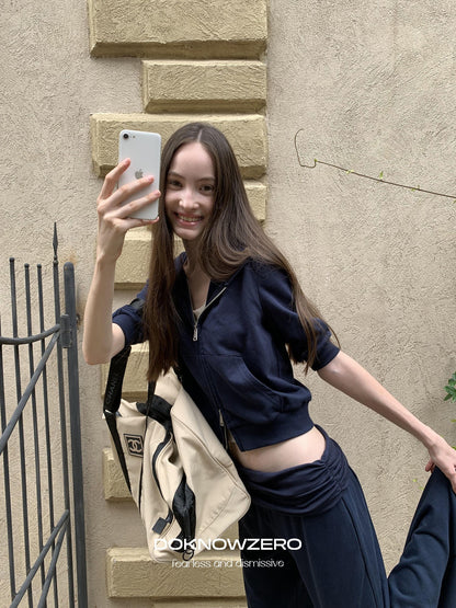 DKZ OFFICIAL Blue Hooded Zip Cropped Mid Sleeve Micro Flare Women&
