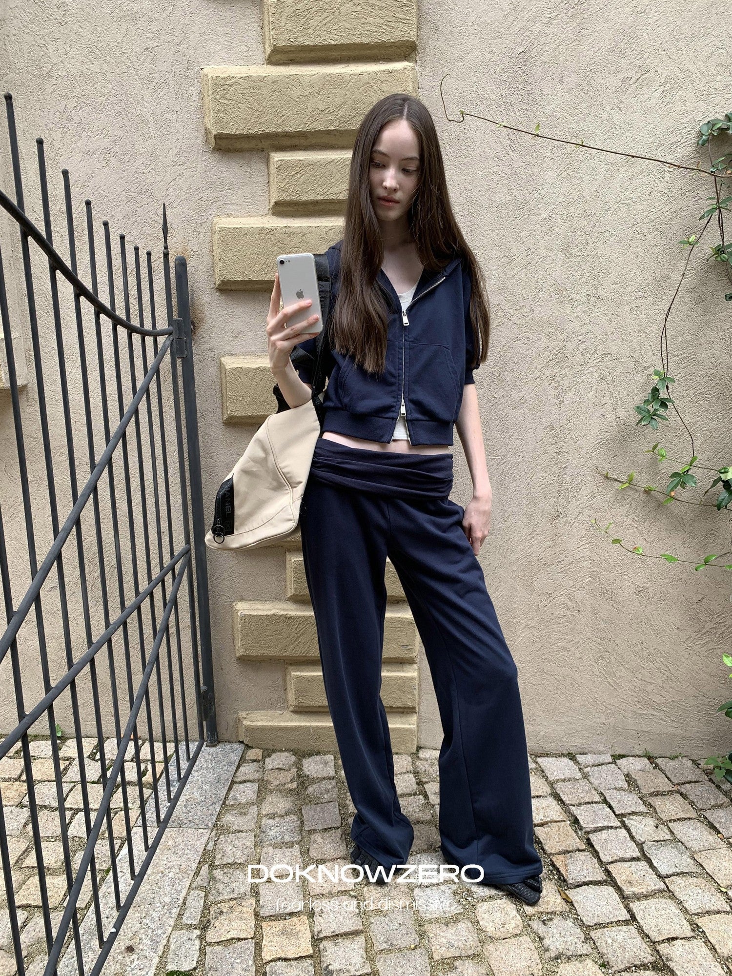 DKZ OFFICIAL Blue Hooded Zip Cropped Mid Sleeve Micro Flare Women&