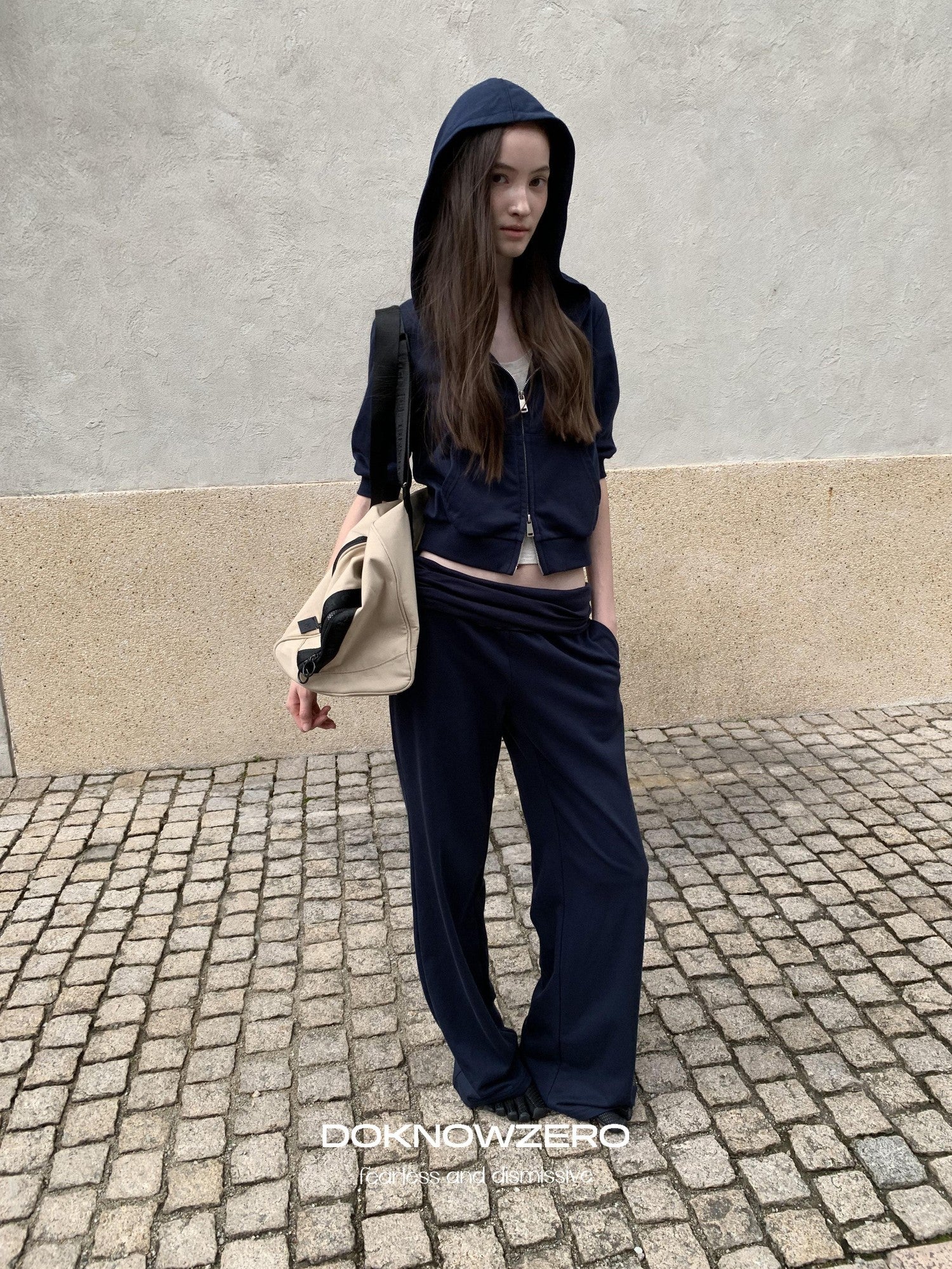 DKZ OFFICIAL Blue Hooded Zip Cropped Mid Sleeve Micro Flare Women&