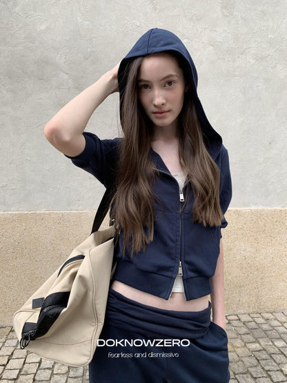 DKZ OFFICIAL Blue Hooded Zip Cropped Mid Sleeve Micro Flare Women&