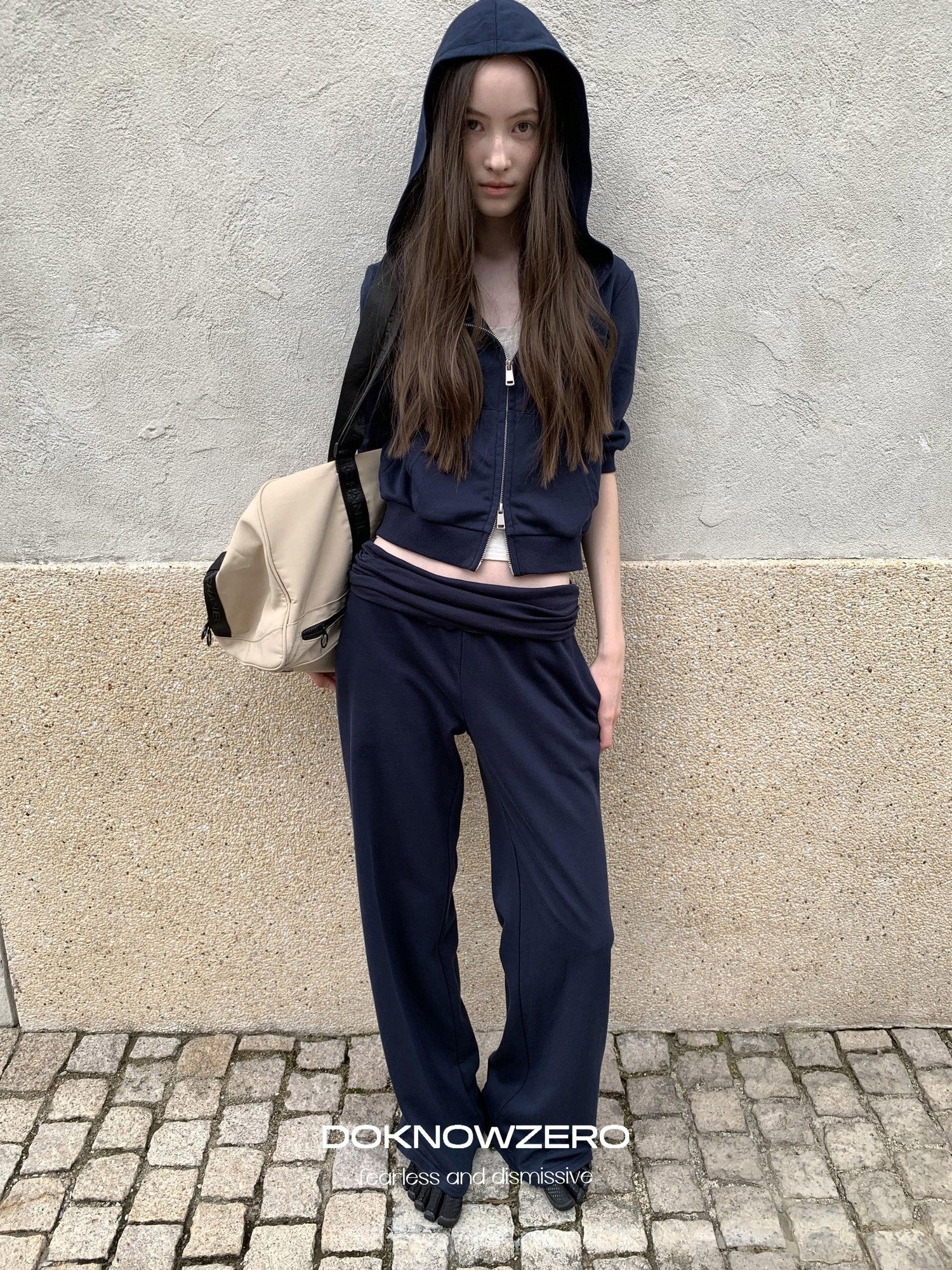 DKZ OFFICIAL Blue Hooded Zip Cropped Mid Sleeve Micro Flare Women&