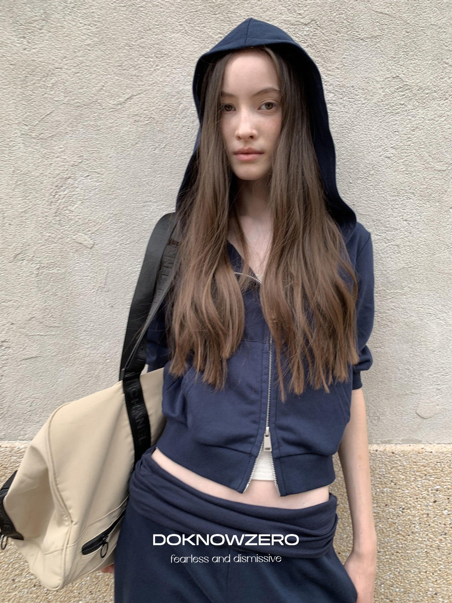 DKZ OFFICIAL Blue Hooded Zip Cropped Mid Sleeve Micro Flare Women&