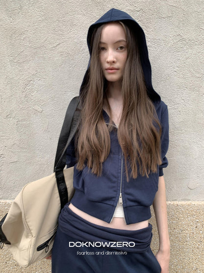 DKZ OFFICIAL Blue Hooded Zip Cropped Mid Sleeve Micro Flare Women&