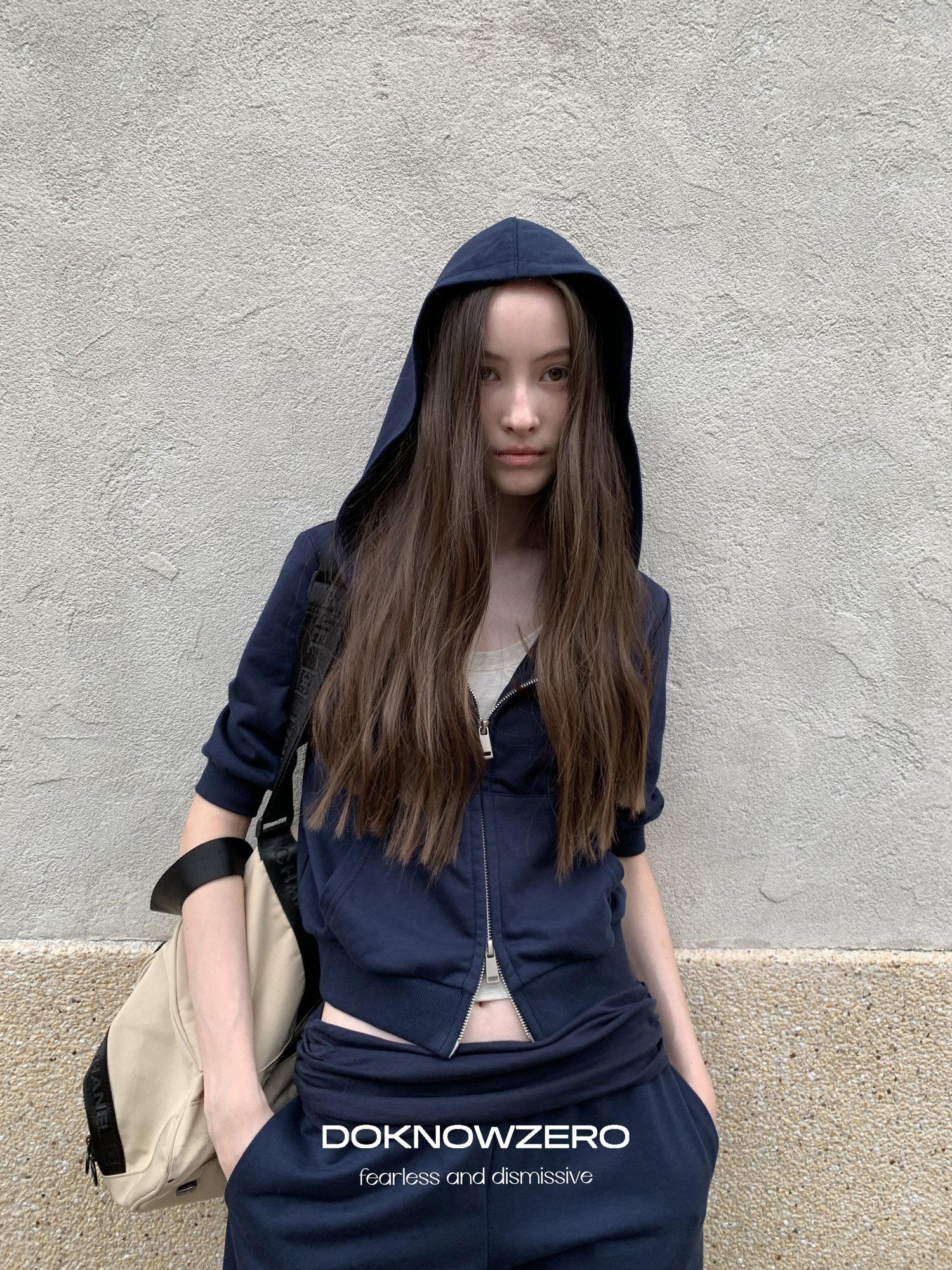 DKZ OFFICIAL Blue Hooded Zip Cropped Mid Sleeve Micro Flare Women&