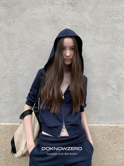 DKZ OFFICIAL Blue Hooded Zip Cropped Mid Sleeve Micro Flare Women&
