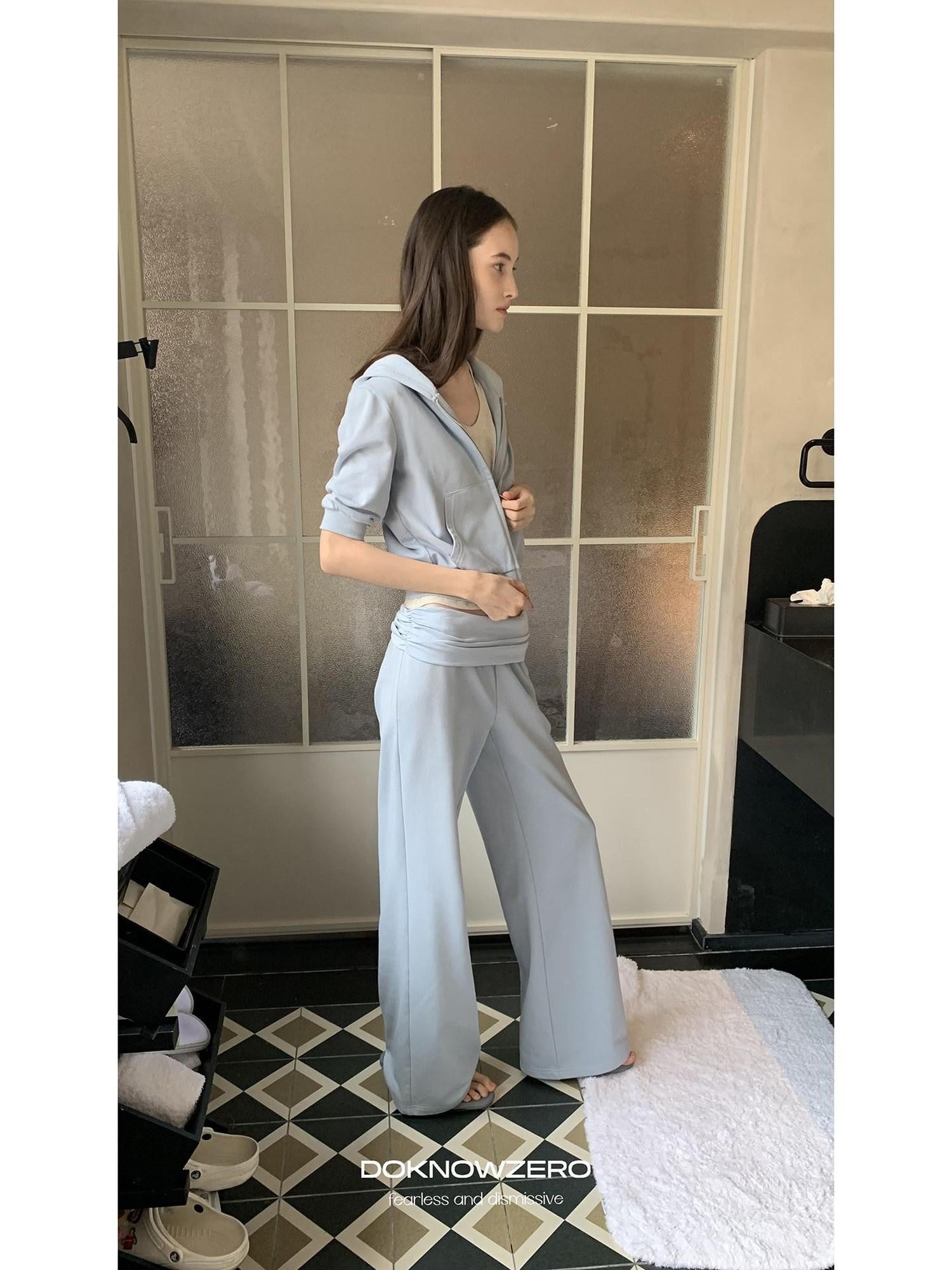 DKZ OFFICIAL Blue Hooded Zip Cropped Mid Sleeve Micro Flare Women&