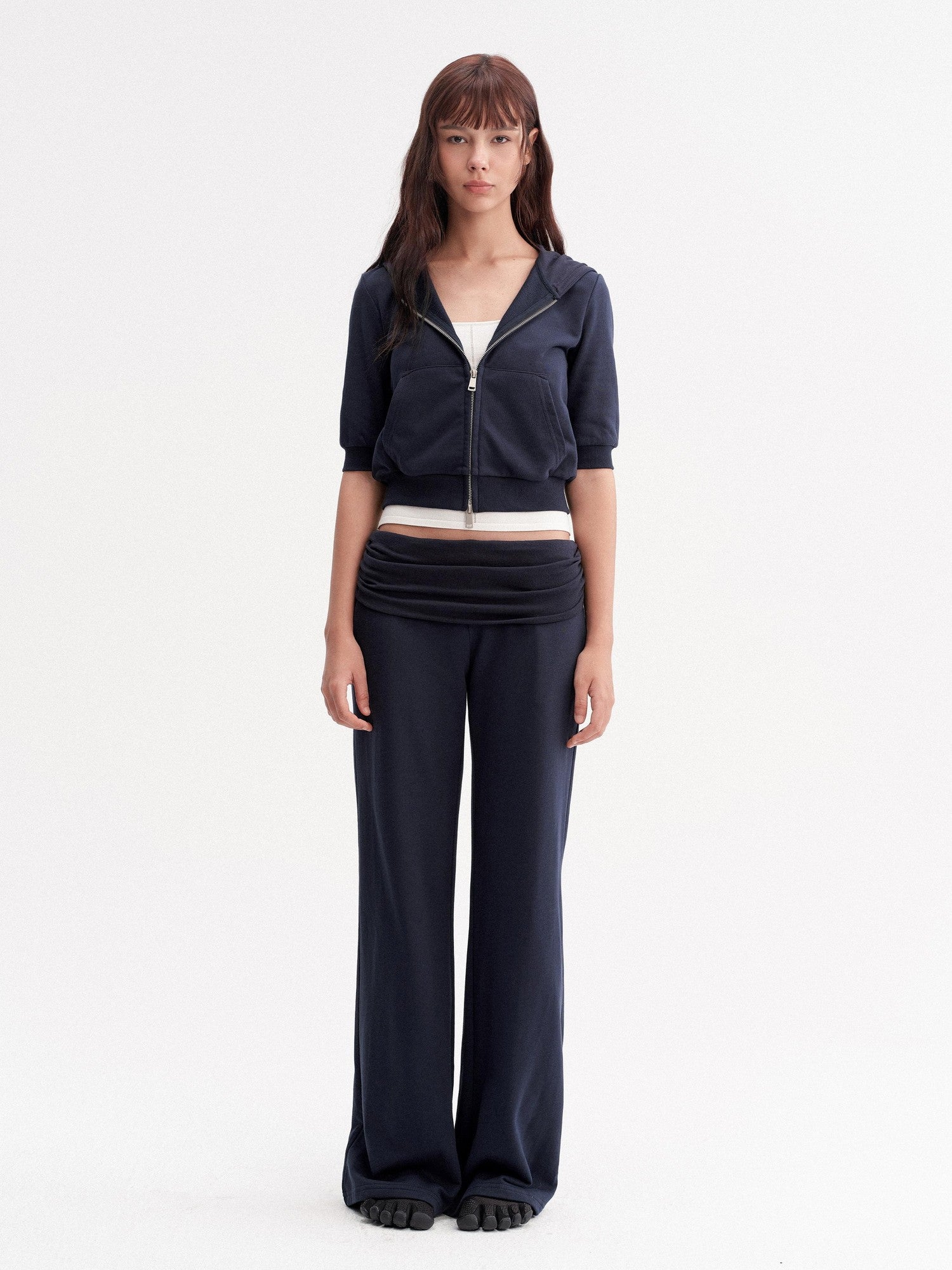 DKZ OFFICIAL Blue Hooded Zip Cropped Mid Sleeve Micro Flare Women&