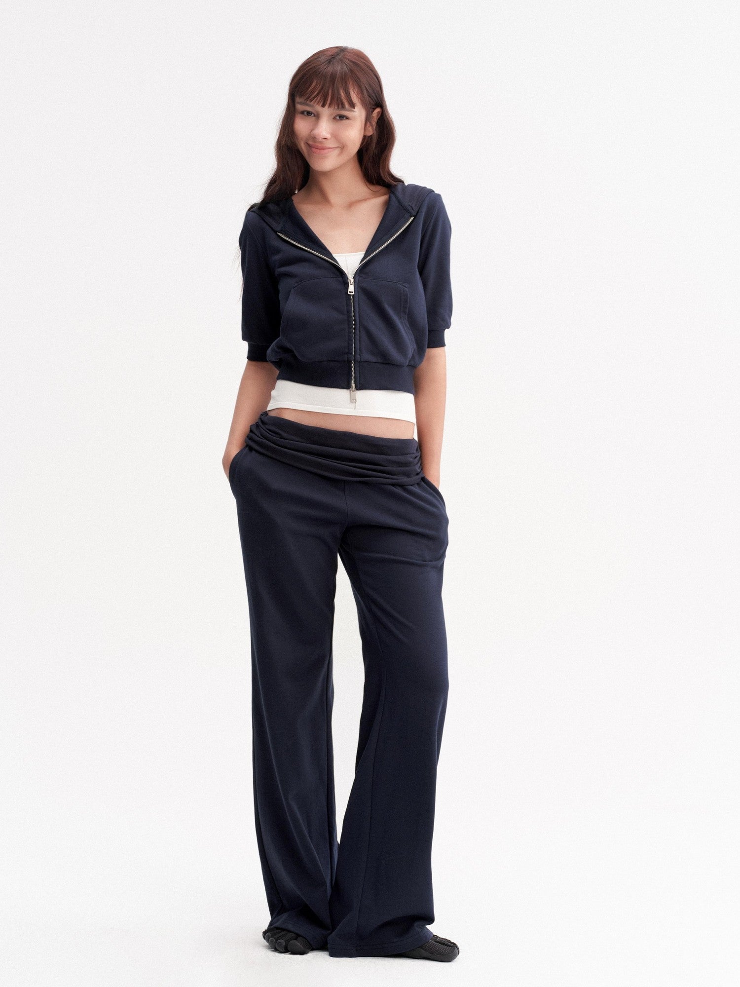 DKZ OFFICIAL Blue Hooded Zip Cropped Mid Sleeve Micro Flare Women&