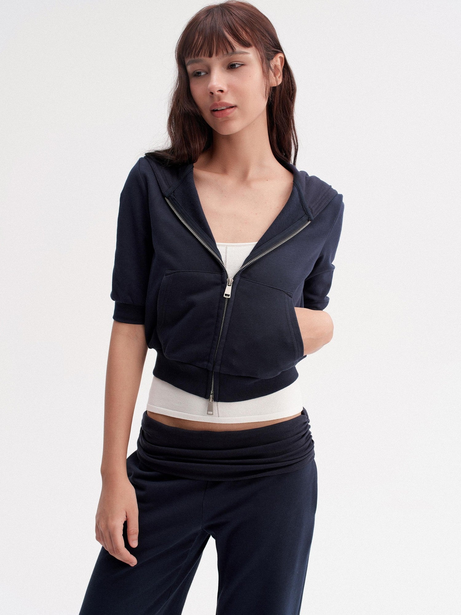DKZ OFFICIAL Blue Hooded Zip Cropped Mid Sleeve Micro Flare Women&