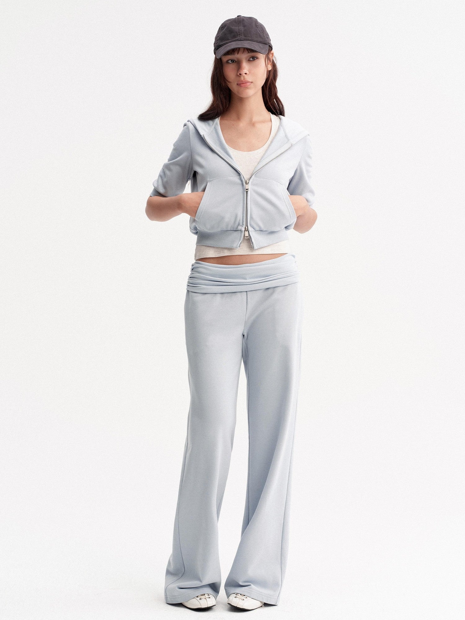 DKZ OFFICIAL Blue Hooded Zip Cropped Mid Sleeve Micro Flare Women&