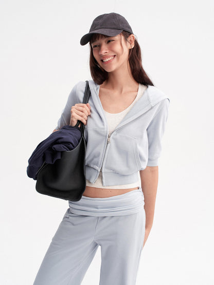 DKZ OFFICIAL Blue Hooded Zip Cropped Mid Sleeve Micro Flare Women&