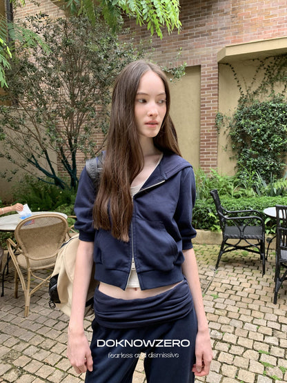 DKZ OFFICIAL Blue Hooded Zip Cropped Mid Sleeve Micro Flare Women&