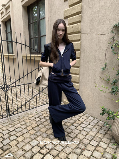 DKZ OFFICIAL Blue Hooded Zip Cropped Mid Sleeve Micro Flare Women&