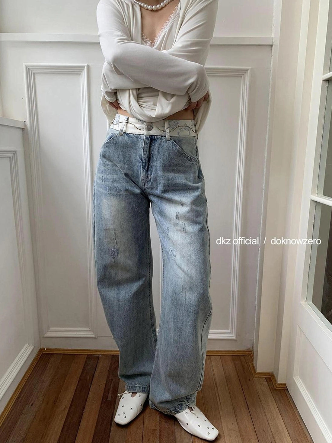 DKZ OFFICIAL Blue Jacquard Beaded Patchwork Curve Hem Jeans