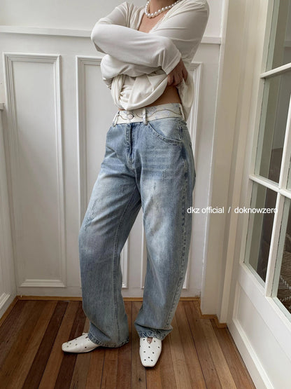 DKZ OFFICIAL Blue Jacquard Beaded Patchwork Curve Hem Jeans