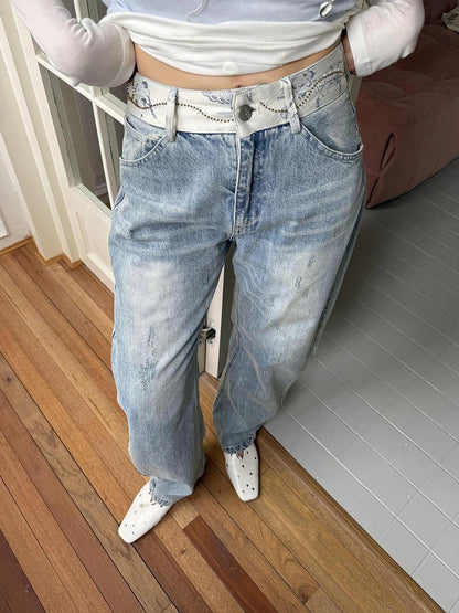 DKZ OFFICIAL Blue Jacquard Beaded Patchwork Curve Hem Jeans