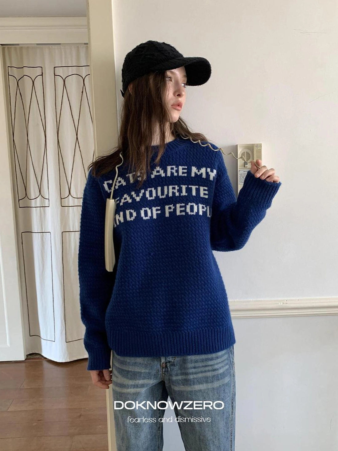 DKZ OFFICIAL Blue Jacquard Slogan 100% Wool Sweater