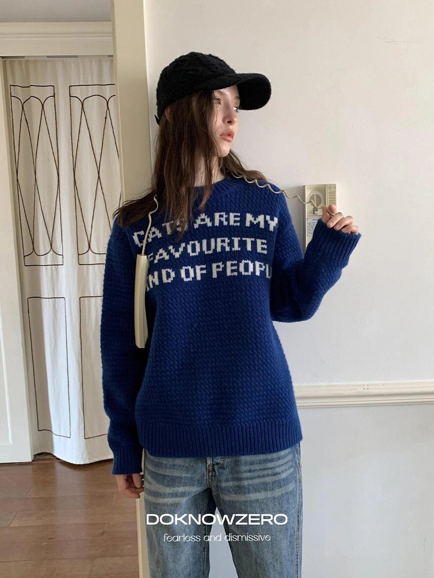 DKZ OFFICIAL Blue Jacquard Slogan 100% Wool Sweater