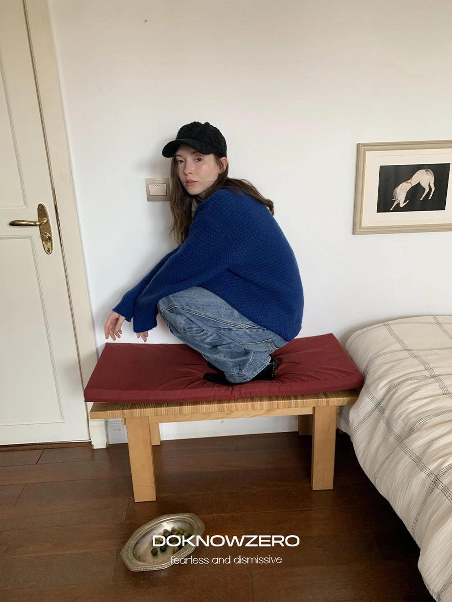 DKZ OFFICIAL Blue Jacquard Slogan 100% Wool Sweater