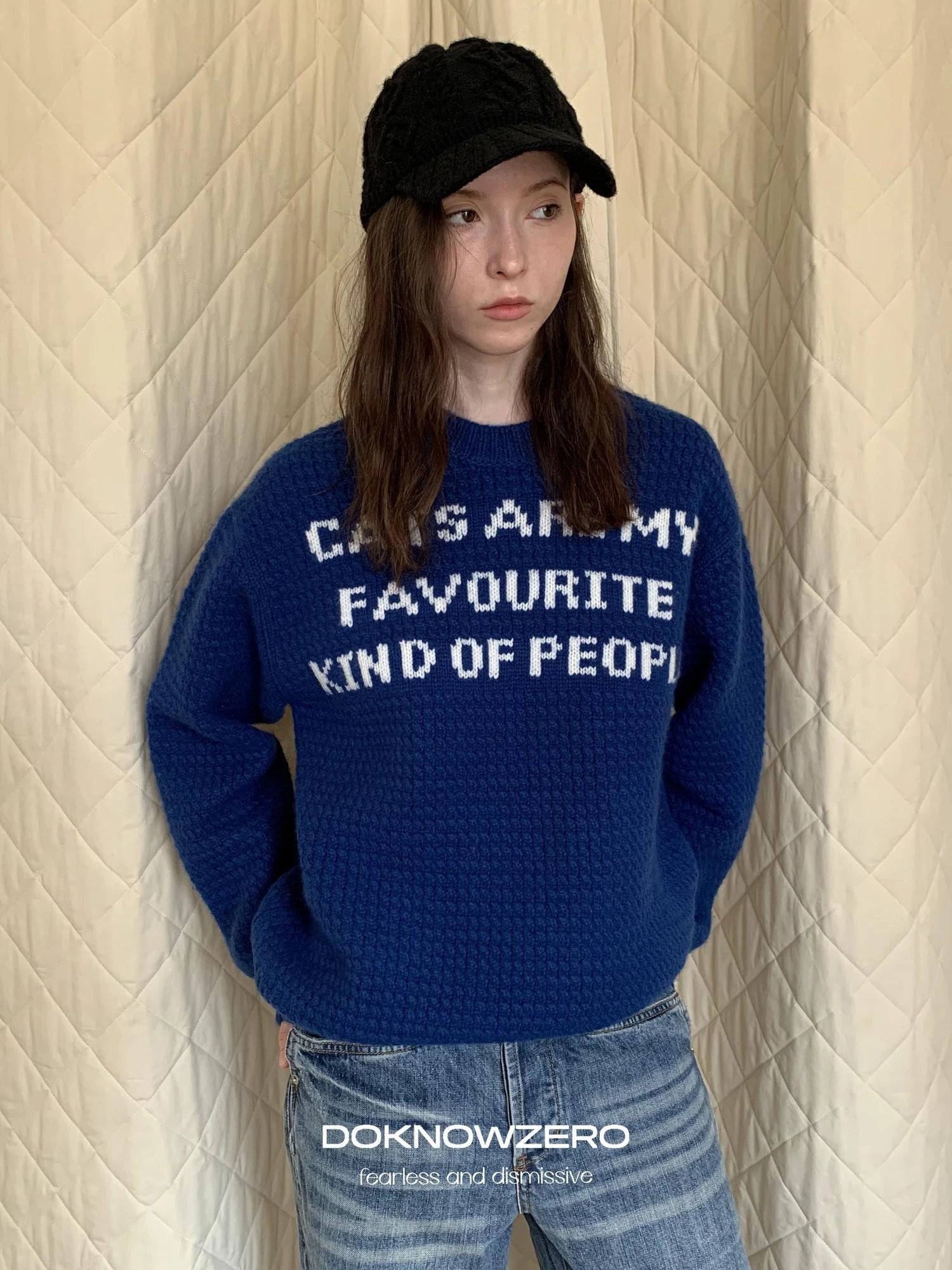DKZ OFFICIAL Blue Jacquard Slogan 100% Wool Sweater