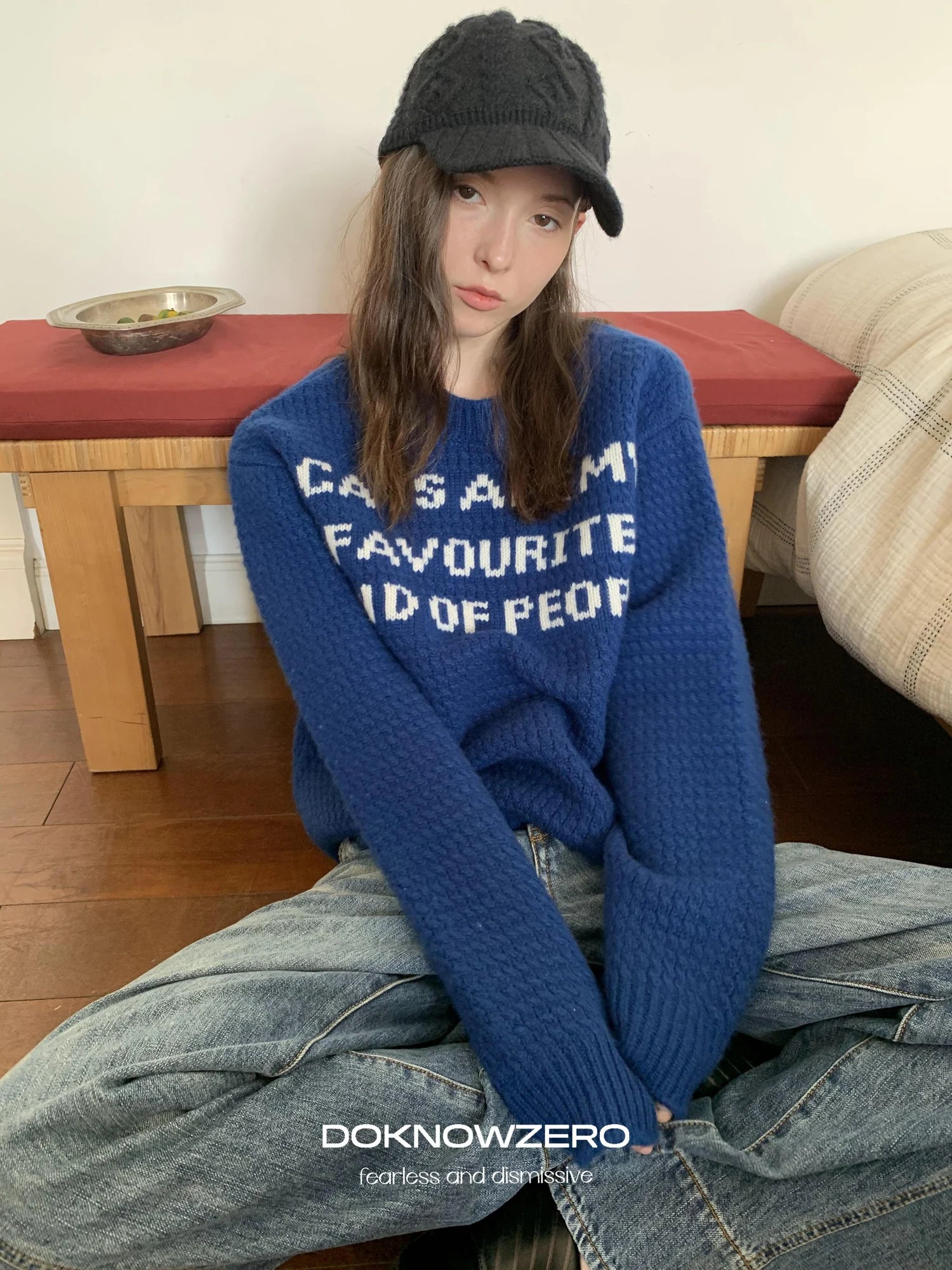 DKZ OFFICIAL Blue Jacquard Slogan 100% Wool Sweater