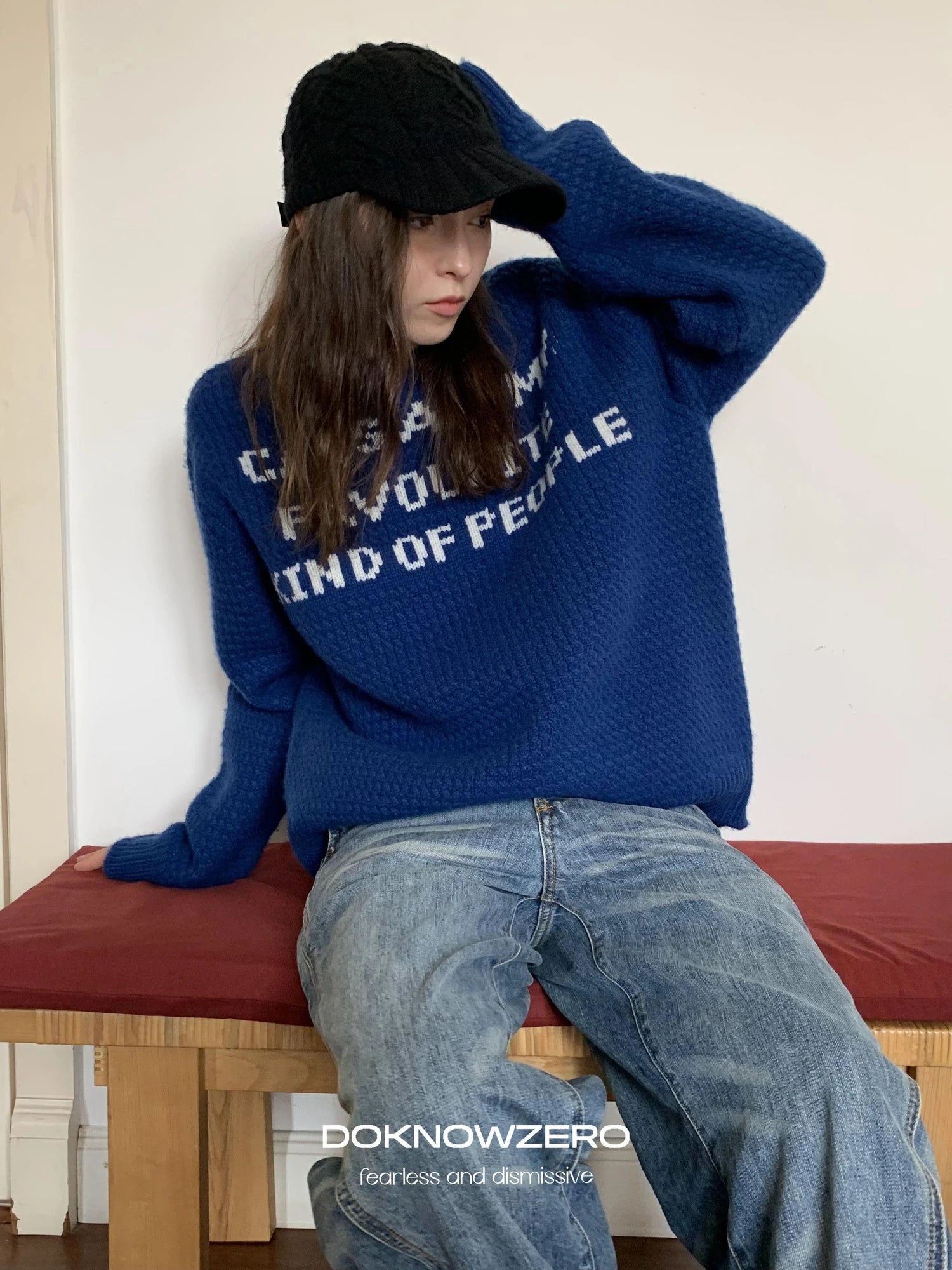 DKZ OFFICIAL Blue Jacquard Slogan 100% Wool Sweater