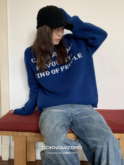 DKZ OFFICIAL Blue Jacquard Slogan 100% Wool Sweater
