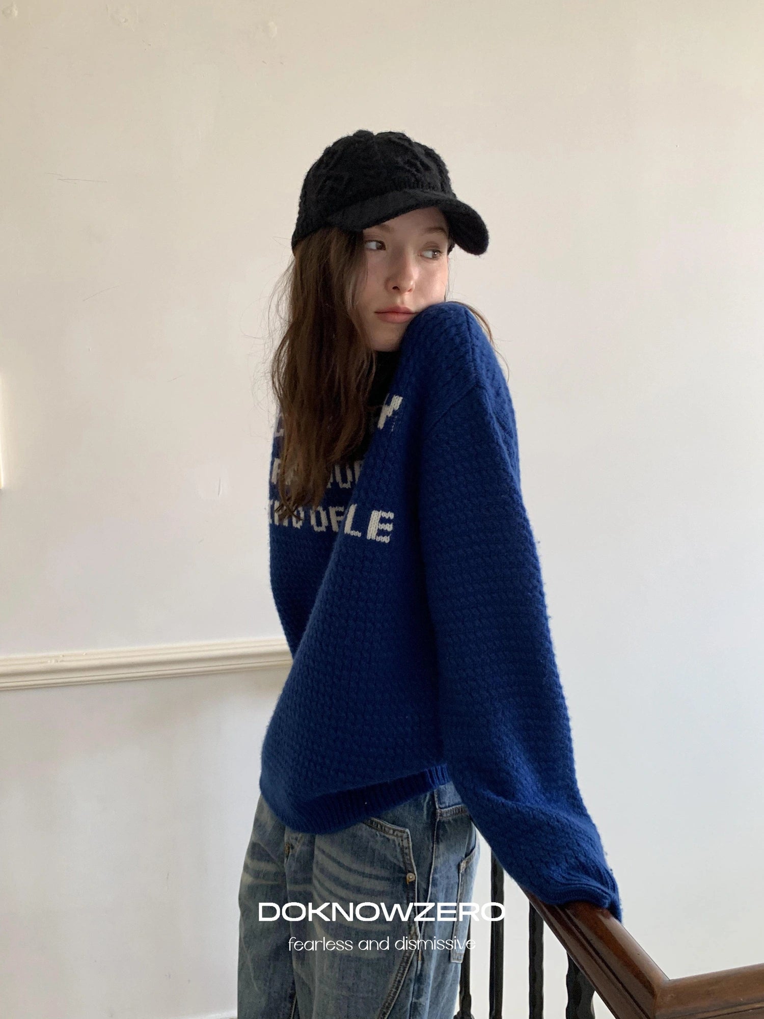 DKZ OFFICIAL Blue Jacquard Slogan 100% Wool Sweater
