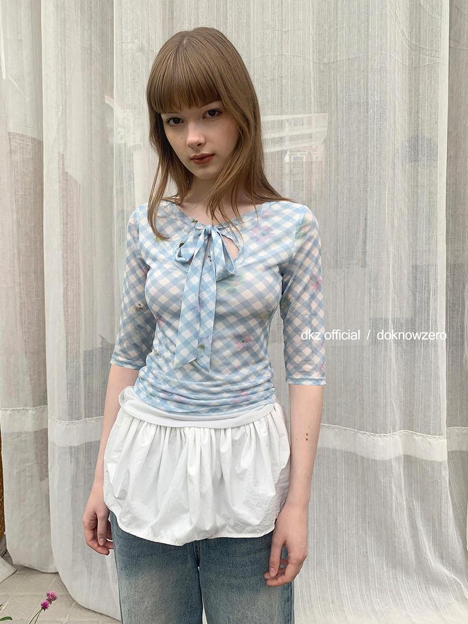DKZ OFFICIAL Blue Mesh Plaid Print Layered Slim Fit Women&