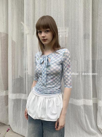 DKZ OFFICIAL Blue Mesh Plaid Print Layered Slim Fit Women&