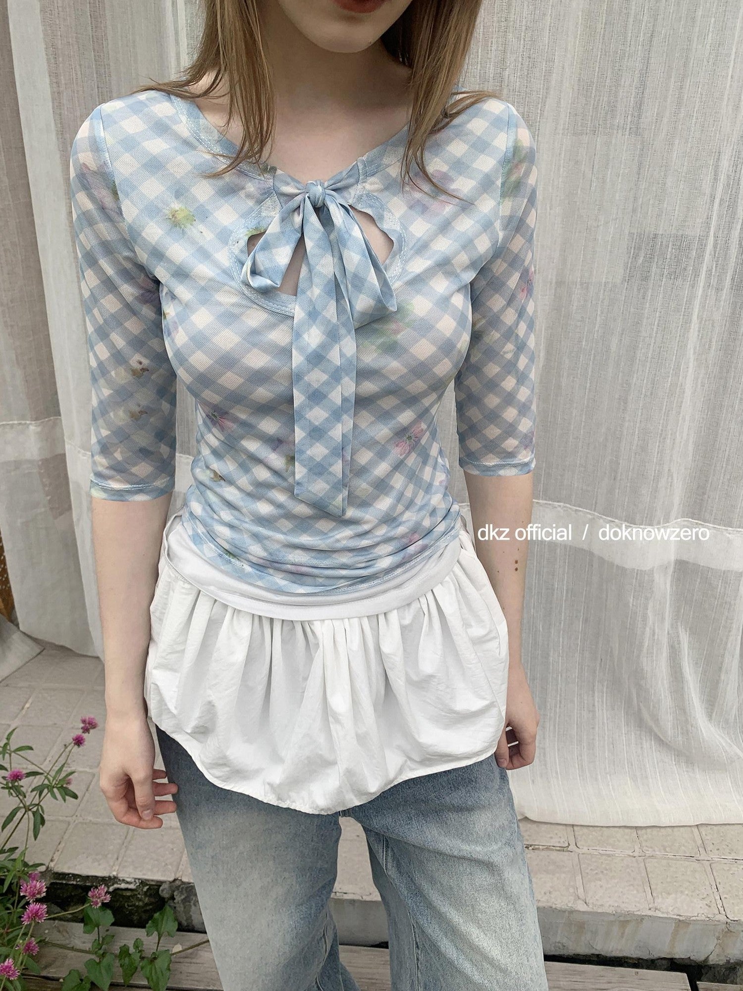 DKZ OFFICIAL Blue Mesh Plaid Print Layered Slim Fit Women&