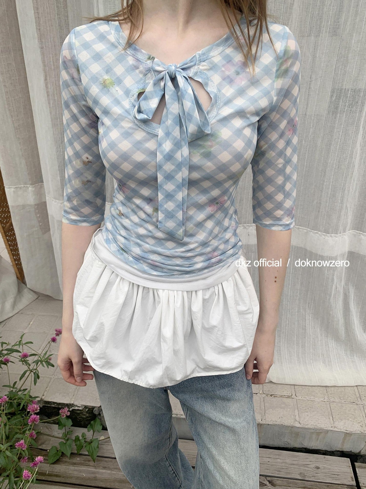 DKZ OFFICIAL Blue Mesh Plaid Print Layered Slim Fit Women&