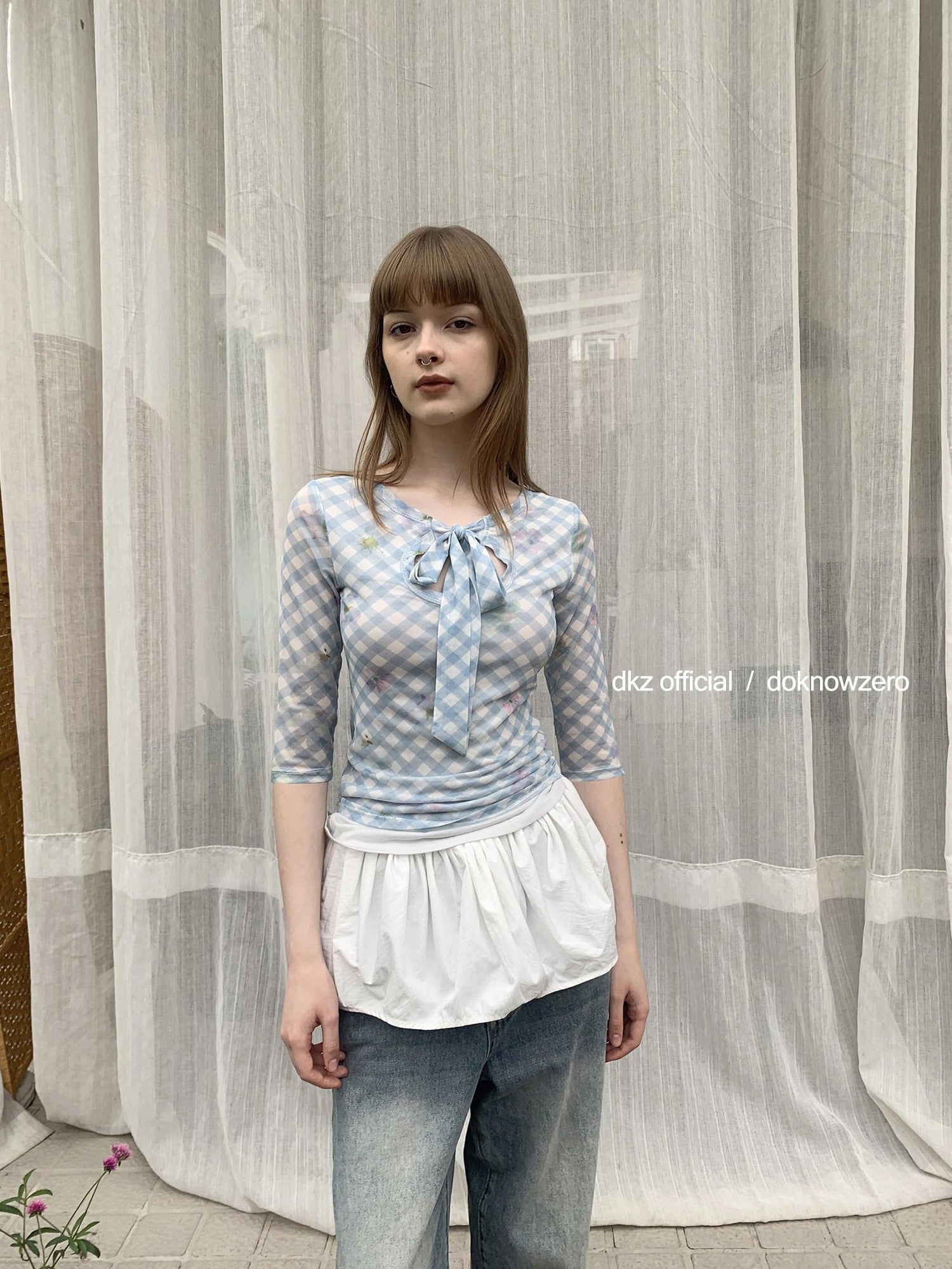 DKZ OFFICIAL Blue Mesh Plaid Print Layered Slim Fit Women&