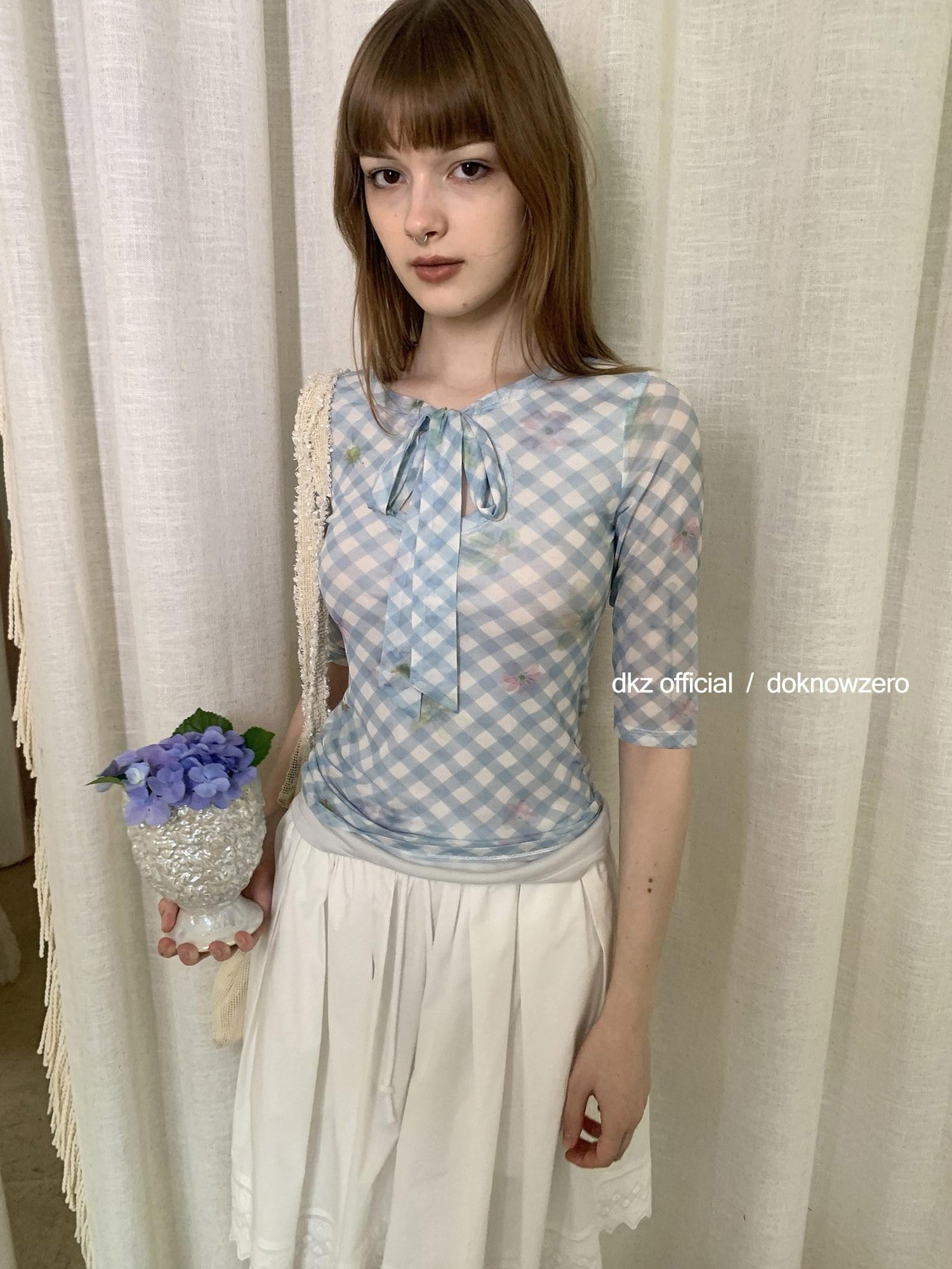 DKZ OFFICIAL Blue Mesh Plaid Print Layered Slim Fit Women&