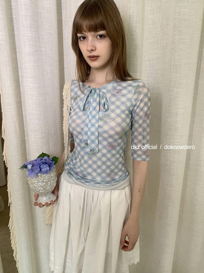 DKZ OFFICIAL Blue Mesh Plaid Print Layered Slim Fit Women&