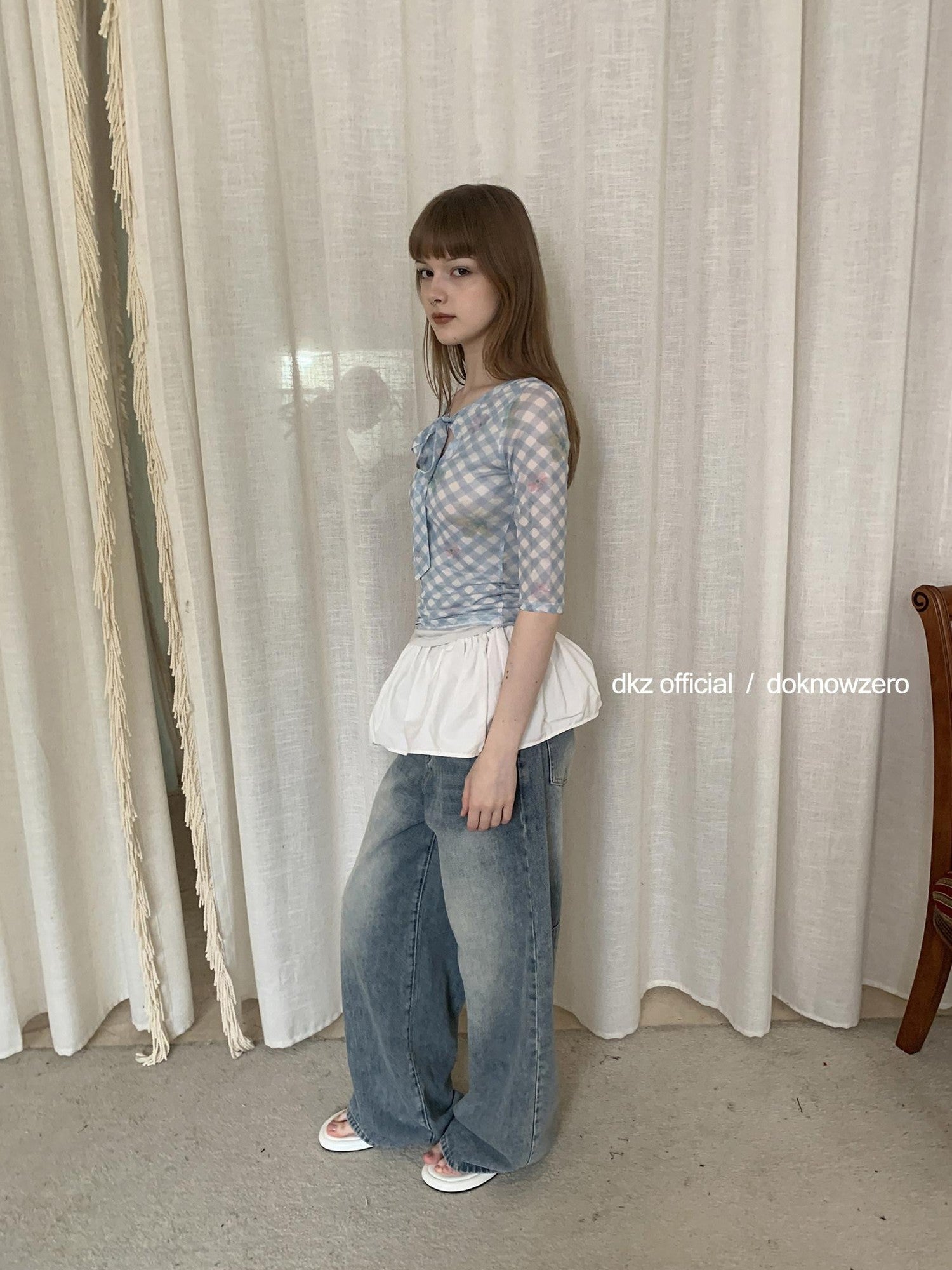 DKZ OFFICIAL Blue Mesh Plaid Print Layered Slim Fit Women&