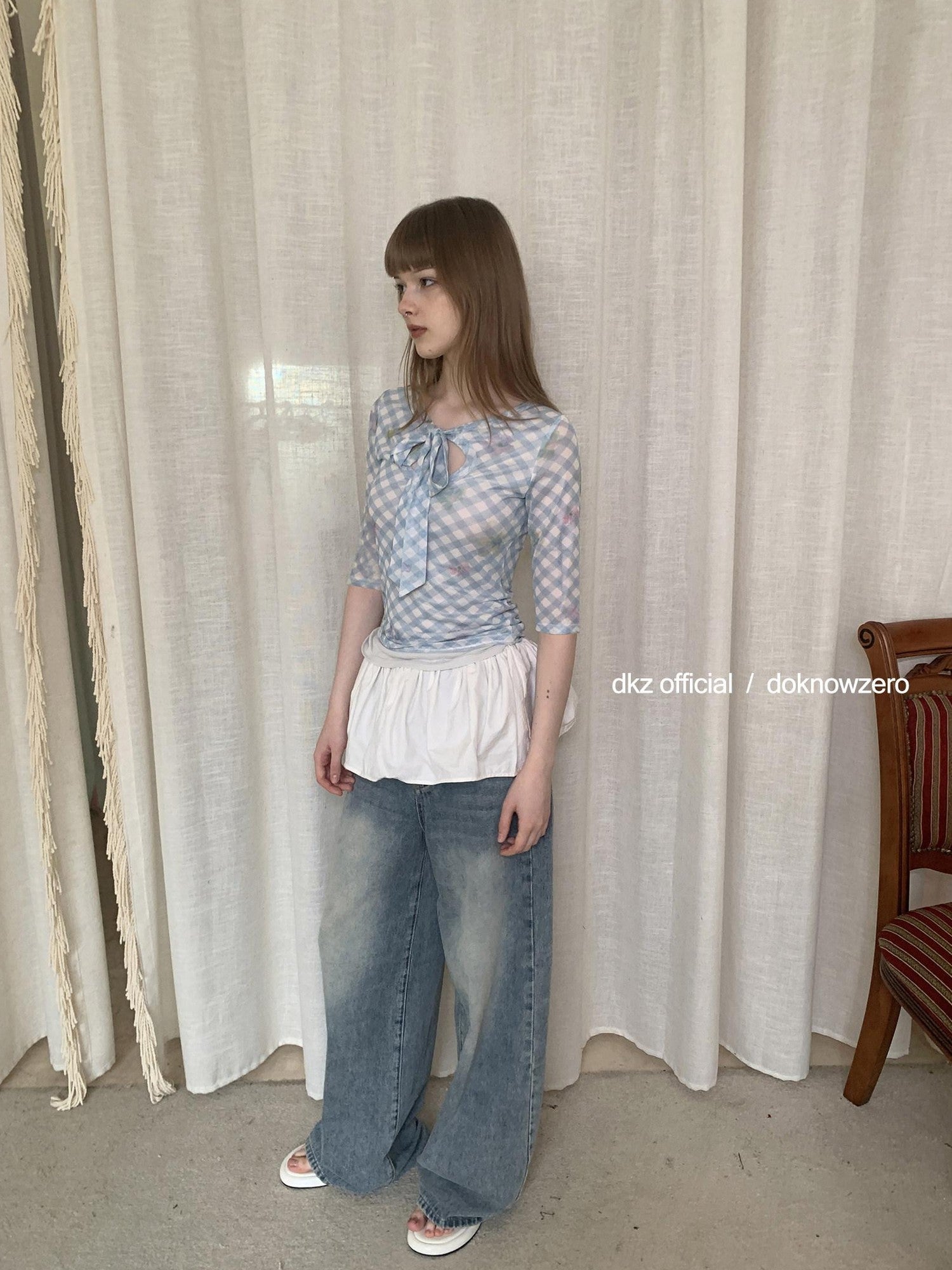 DKZ OFFICIAL Blue Mesh Plaid Print Layered Slim Fit Women&