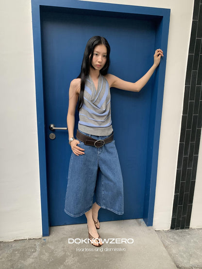 DKZ OFFICIAL Blue Mid Stretch Button Fly Wide Leg Women&